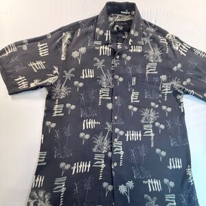 Cotton Reel 100% Silk Hawaiian Camp Shirt Mens Large Navy Palm Trees Aloha